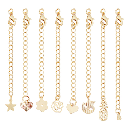 32Pcs 8 Styles Long-Lasting Plated Brass Chain Extender, with Lobster Claw Clasps and Bead Tips