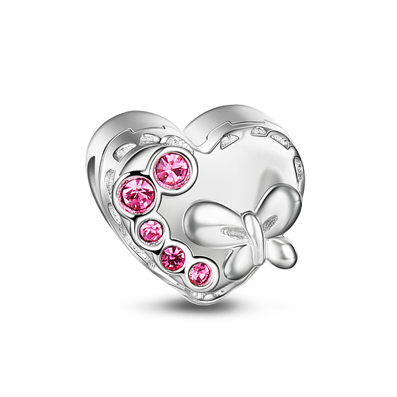 TINYSAND Heart 925 Sterling Silver Cubic Zirconia European Large Hole Beads, 9.01x9.58x10.83mm, Hole: 4.6mm