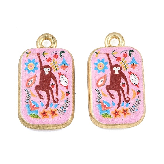 Printed Alloy Pendants, Rectangle with Monkey Charms, Golden, Rack Plating