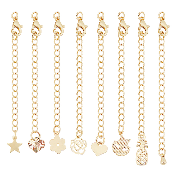 32Pcs 8 Styles Long-Lasting Plated Brass Chain Extender, with Lobster Claw Clasps and Bead Tips