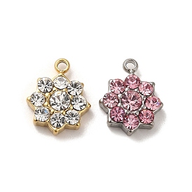 304 Stainless Steel with Glass Rhinestone Charms, Flower Charms