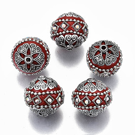 Abalorios de indonesia hecho a mano, con diamantes de imitación ab de cristal y fornituras de latón plateado antiguo, rondo