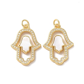 Brass Micro Pave Cubic Zirconia Pendants, with Shell, Real 18K Gold Plated, Hamsa Hand
