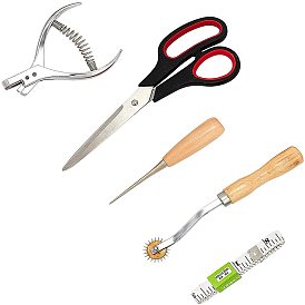 DIY Hole Punch Kit, with Stainless Steel Bead Awls & Scissors, Tape Measure, Iron Tracing Wheel and Hand Held ID Card Slot Hole Punch