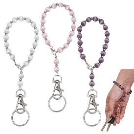 3 шт. брелоки из кошачьего глаза, с железными поворотными карабинами и кольцами, платина