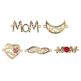 5Pcs 5 Styles Mother's Day Brass Micro Pave Colorful Cubic Zirconia Connector Charms, Heart & Moon & Infinity with Word Mom, Mixed Shapes