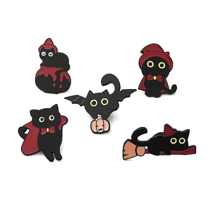 Cat with Pumpkin/Hat/Broom Enamel Pins, Black Alloy Badge for Backpack Clothes