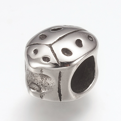 304 Stainless Steel European Beads, Large Hole Beads, with Rhinestone, Ladybug
