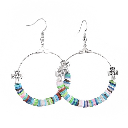 Brass Dangle Earrings, with Handmade Polymer Clay Beads, Tibetan Style Alloy Cross Beads and Brass Earring Hooks