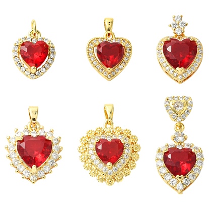 6шт. 6 стили латунные подвески с кубическим цирконием, сердце прелести