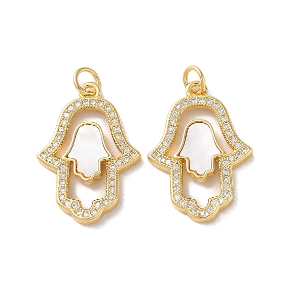 Brass Micro Pave Cubic Zirconia Pendants, with Shell, Real 18K Gold Plated, Hamsa Hand