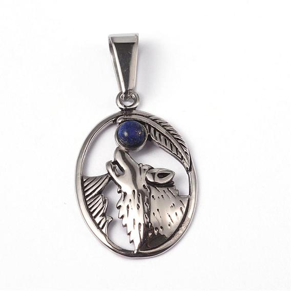 304 Stainless Steel Pendants, with Lapis Lazuli, Oval with Wolf, 29x19x5mm, Hole: 10x5mm