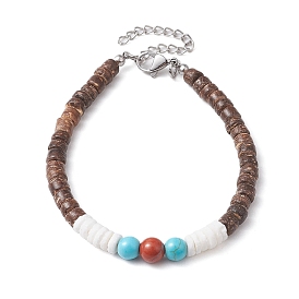 Summer Beach Round Natural Red Jasper & Synthetic Turquoise & White Shell & Coconut Beaded Bracelets