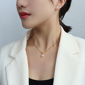 Chic Pearl-inspired Choker Set: Lock Necklace, Earrings & Collarbone Chain in Titanium Steel & 18k Gold