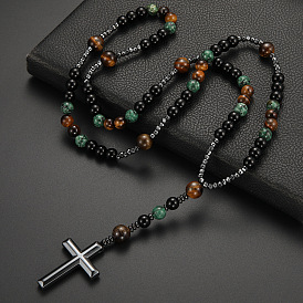 Natural African Turquoise(Jasper) & Tiger Eye Pendant Necklaces, Jewely for Unisex, Cross