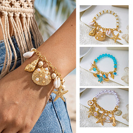 Ocean Alloy Enamel Starfish Shell Shape Multi Charm Round Plastic Beaded Stretch Bracelets for Women, Golden