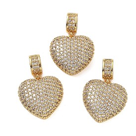 Латунные подвески в форме сердца с микропаве из полностью прозрачного кубического циркония, стойки покрытие, долговечный, без свинца и без кадмия
