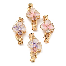 Brass Micro Pave Clear Cubic Zirconia Fold Over Clasps, with Enamel, Flower