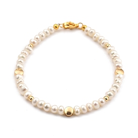 Natural Cultured Freshwater Pearl Beaded Bracelets, with Brass Beads and 304 Stainless Steel Lobster Claw Clasps, Flat Round
