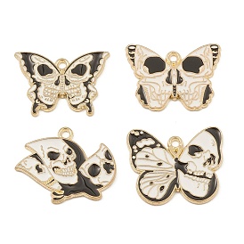 Alloy Enamel Pendants, Golden, Butterfly with Skull Charm