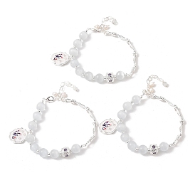 Natural Pearl & Round Cat Eye & Glass Beaded Bracelets, Brass Enamel Charm Bracelets for Women