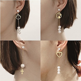 Boucles d'oreilles pendantes en acier inoxydable dorées, boucles d'oreilles pompon avec perle d'imitation