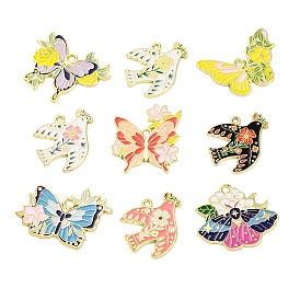 Alloy Enamel Pendants, Light Gold, Swallow/Butterfly with Flower Charm