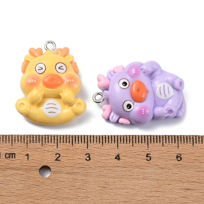 Cartoon Opaque Resin Pendants, Sausage Mouth Dragon Charms with Platinum Plated Iron Loops