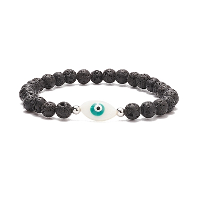 Horse Eye Shell & Natural Lava Rock Beaded Stretch Bracelet, Essential Oil Gemstone Jewelry for Women