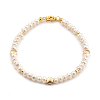 Natural Cultured Freshwater Pearl Beaded Bracelets, with Brass Beads and 304 Stainless Steel Lobster Claw Clasps, Flat Round