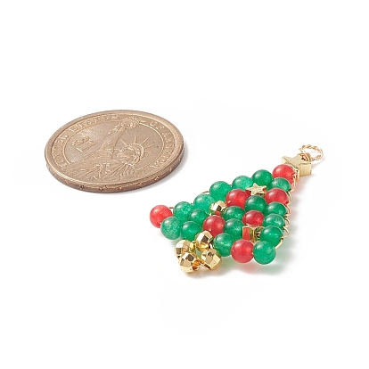 Natural Malaysia Jade Dyed Pendants, Green Red Christmas Tree Charms, with Golden Tone Copper Wire Wrapped