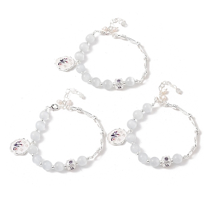 Pulseras de perlas naturales, ojo de gato redondo y cuentas de vidrio, pulseras con dijes de esmalte de latón para mujer