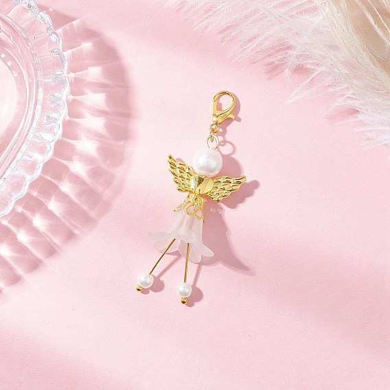 Подвеска в виде ангела из матового акрила и стеклянного жемчуга, с крыльями в виде сердца из сплава и застежками-клешнями лобстера, золотые