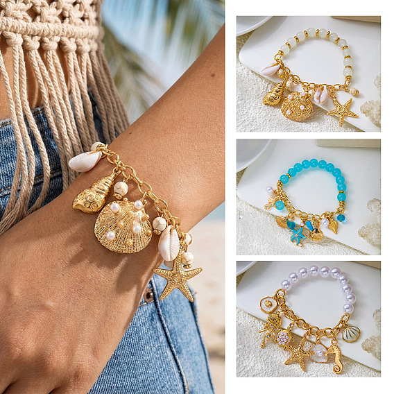 Ocean Alloy Enamel Starfish Shell Shape Multi Charm Round Plastic Beaded Stretch Bracelets for Women, Golden
