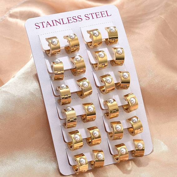 201 Широкие серьги-кольца из нержавеющей стали, с 304 штифтом из нержавеющей стали и имитацией жемчуга из АБС-пластика, вакуумное покрытие pvd, долговечный, Кольцевая форма