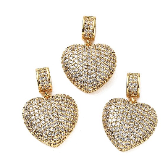 Латунные подвески в форме сердца с микропаве из полностью прозрачного кубического циркония, стойки покрытие, долговечный, без свинца и без кадмия