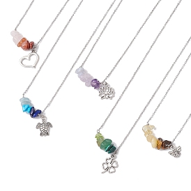 Gradient Color Gemstone Chip & Alloy Pendant Necklaces, 304 Stainless Steel Cable Chain Necklaces, Stainless Steel Color