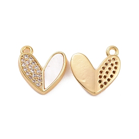 Brass Micro Pave Clear Cubic Zirconia Pendants, with Shell, Heart Charm