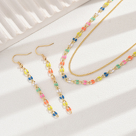 Fashionable Brass Enamel Double-layer Colorful Chain Lock Necklace Earrings Set