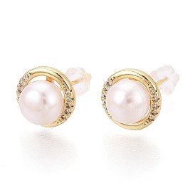 Полукруглые серьги-гвоздики из латуни с микропаве из прозрачных кубических цирконий, с натуральным жемчугом и 925 булавками из стерлингового серебра, долговечный