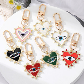 Blue Eye Heart-shaped Alloy Keychain with Pearl and Colorful Oil Drop Peach Heart Pendant for Bags