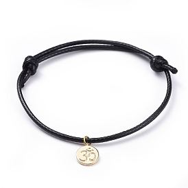 Pulseras de cordón, con cordón de poliéster encerado coreano ecológico y dijes de latón, plano y redondo con ohm