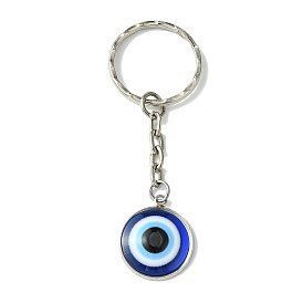Flat Round with Evil Eye Resin & 304 Stainless Steel Pendant Keychain, with Iron Key Ring