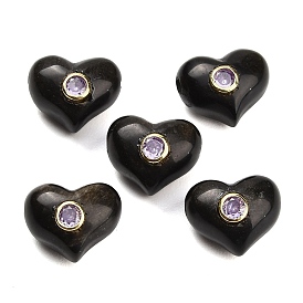 Natural Obsidian Beads, Heart, with Brass Pave Cubic Zirconia Findings, Golden