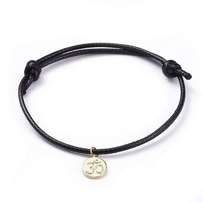 Pulseras de cordón, con cordón de poliéster encerado coreano ecológico y dijes de latón, plano y redondo con ohm