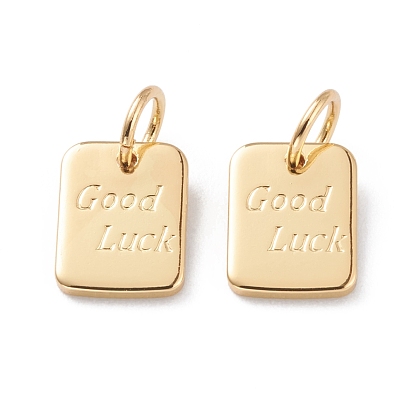 Brass Charms, with Jump Rings, Long-Lasting Plated, Rectangle with Word Good Luck