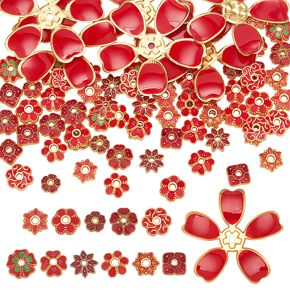 72шт. 12 стили эмалированные колпачки для бусин из сплава, без кадмия и без свинца, долговечный, золотые, цветок