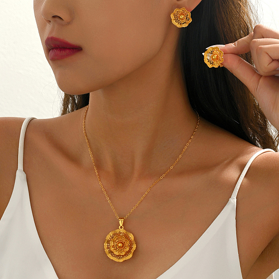 Комплекты из полых винтажных латунных серег-гвоздиков и ожерелий с подвесками для женщин