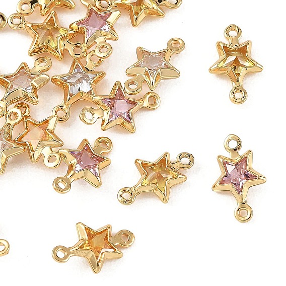 SHEGRACE Brass Pave Cubic Zirconia Star Connector Charms, Cadmium Free & Nickel Free & Lead Free, Long-Lasting Plated