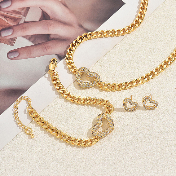 Женские браслеты, серьги-гвоздики и комплекты из сплава с кубическим цирконием, сердце